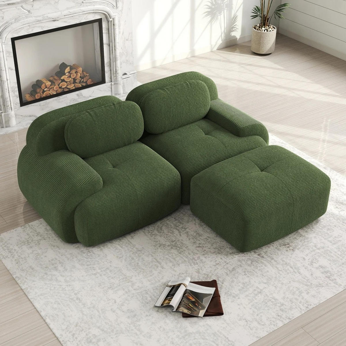 ECKSOFA aus weichem Kordelstoff, modular kombiniert mit gebogenen Armlehnen, Grün - Grün, Textil (208/70/178cm) - Kaket