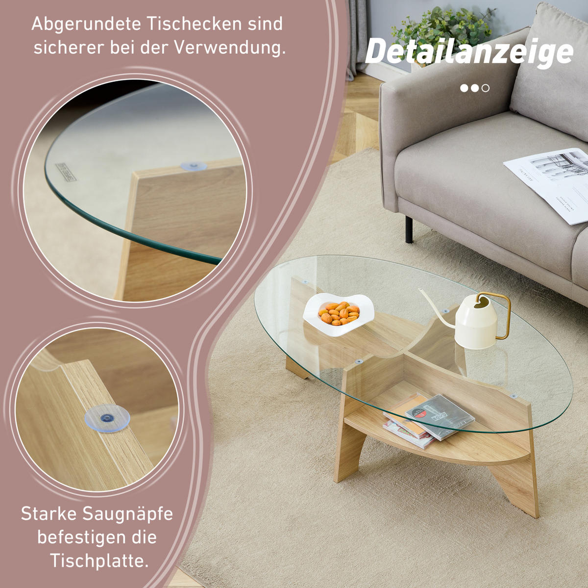 COUCHTISCH 104.9/60 cm Transparent/Holz aus MDF und Sicherheitsglas mit Ablage - Transparent, Glas (104.9/60/35.6cm) - OKMYHOME