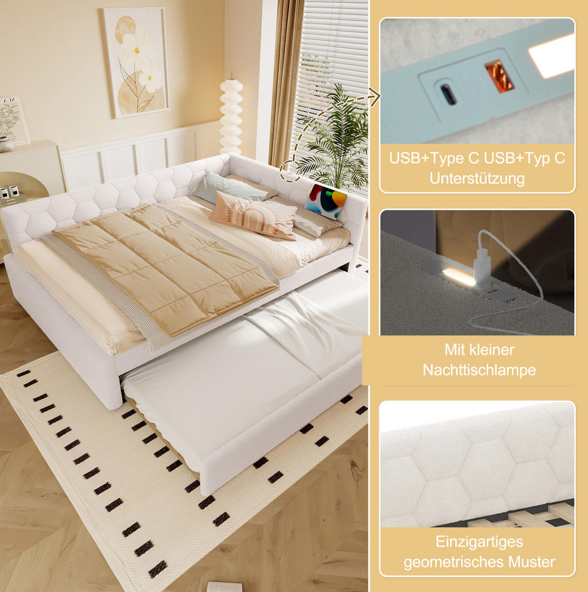 TAGESBETT 140/200 cm mit Ausziehbett, USB- und USB-C-Anschluss, Nachttischlampe und Vliesimitat, Weiß - Weiß, Textil (140/200cm) - Redom