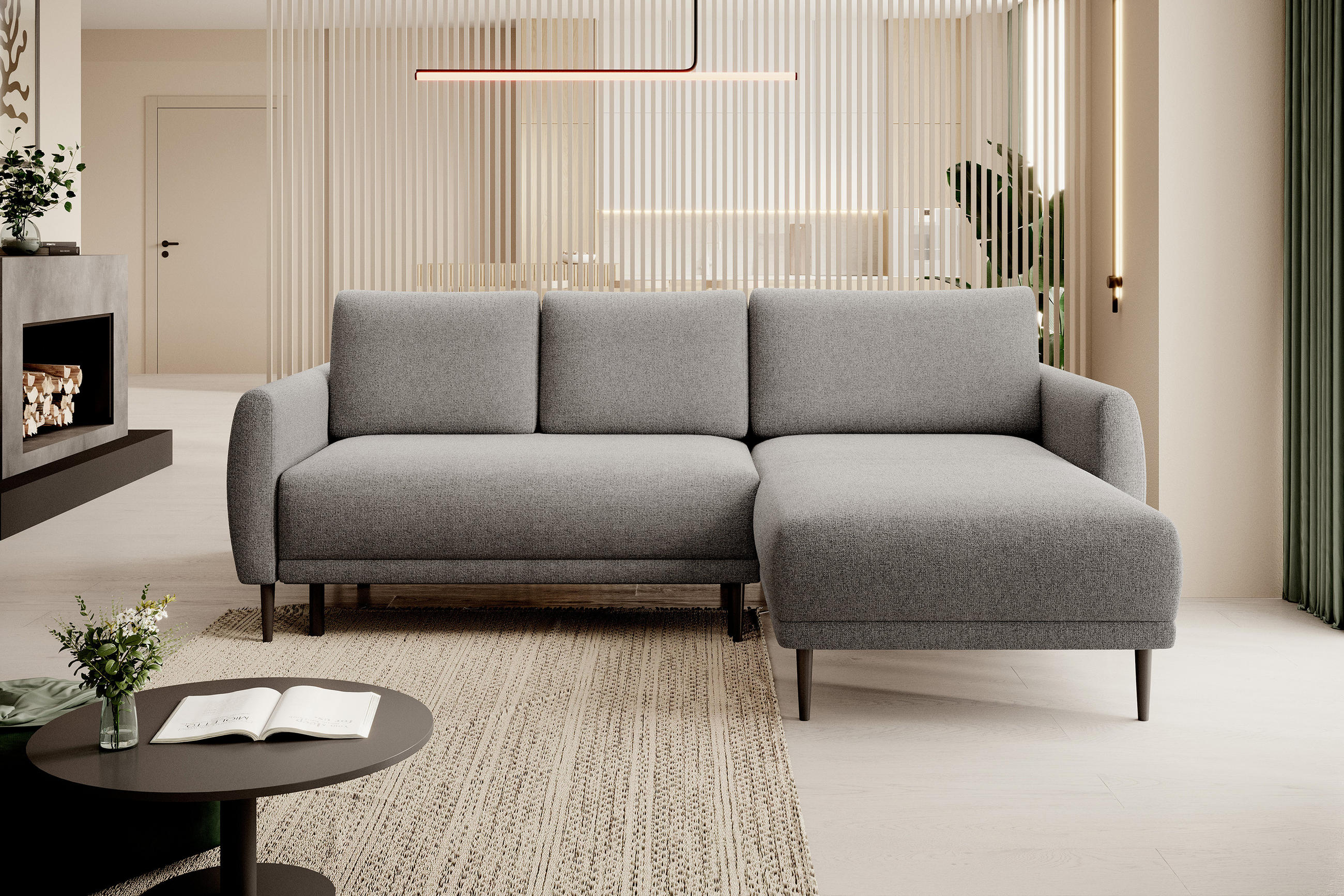 ECKSOFA Bono – Stilvolles Sofa mit Schlaffunktion, Robuste Holzfüße, Elegante Armlehnen, Tiefe Sitzfläche 226x164x88 cm – Rechte, Grau - Grau, Holz/Textil (226/164cm) - DomoHome