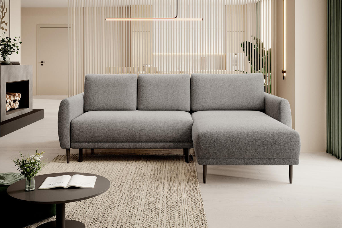 ECKSOFA Bono – Stilvolles Sofa mit Schlaffunktion, Robuste Holzfüße, Elegante Armlehnen, Tiefe Sitzfläche 226x164x88 cm – Rechte, Grau - Grau, Holz/Textil (226/164cm) - DomoHome