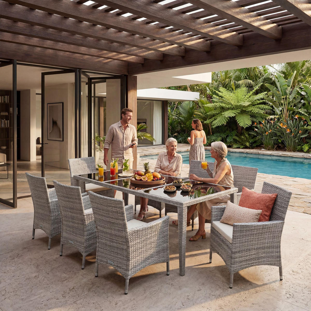 RATTAN-SITZGRUPPE aus Aluminium Menorca, inklusive Schutzhülle, hellgrau - Hellgrau, Kunststoff - tectake