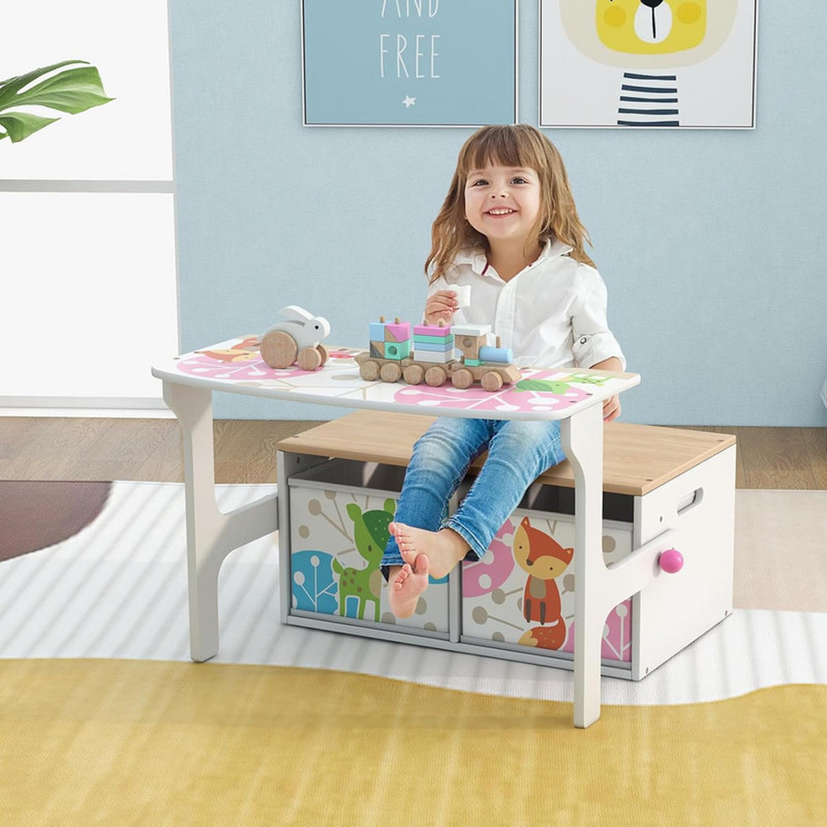 KINDERSITZBANK 3-in-1 Tisch-Sitzbank-Set Weiß - Weiß, Holzwerkstoff (60/57/42cm) - COSTWAY