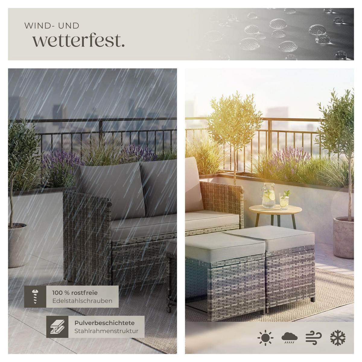 2-IN-1-RATTANLOUNGE-SET Monopoli, höhenverstellbare Tischfüße, grau - Grau, Kunststoff - tectake