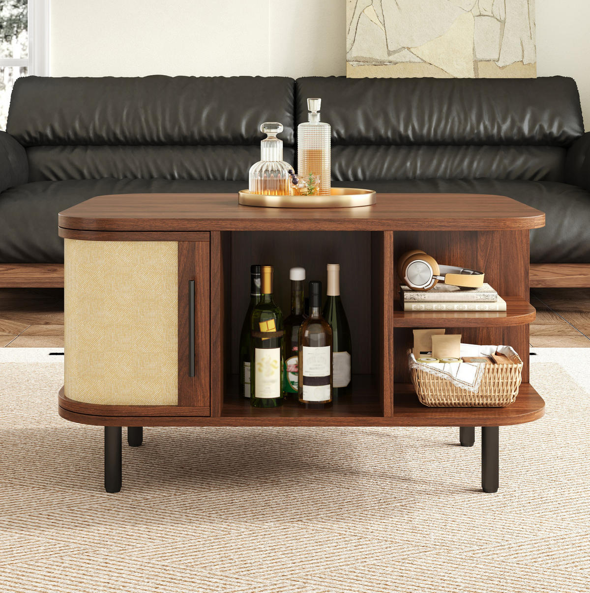COUCHTISCH aus MDF 80x60x47 cm Nussbaum mit Stauraum und geflochtenen Türen - Walnussfarben, Holzwerkstoff (80/60/47cm) - IVMEU