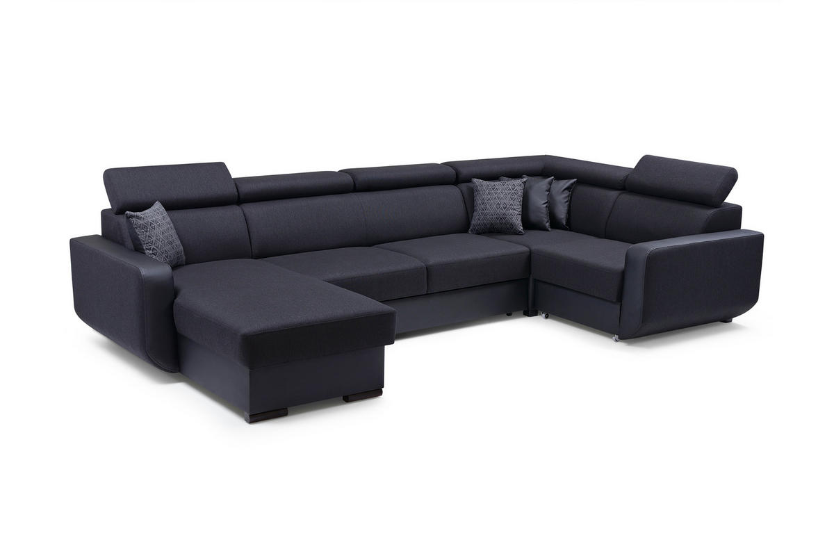 WOHNLANDSCHAFT PALAZZO Schwarz Geflochtener Stoff mit Schlaffunktion - Schwarz, Holz (337/97/184cm) - MASSENO