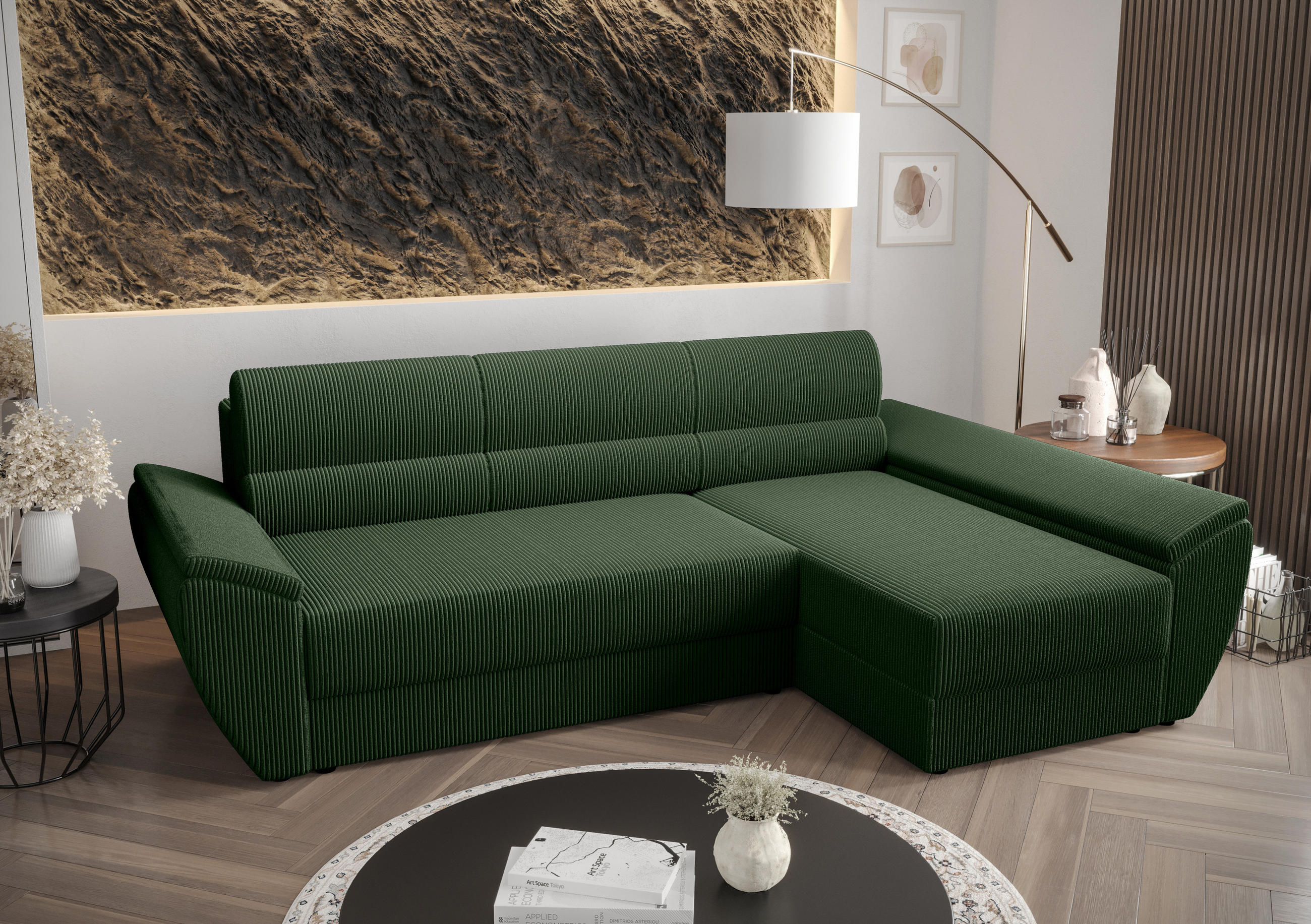 ECKSOFA L REBI L3 Poso 14 Rechts mit Schlaffunktion, Grün - Grün, Textil (251/140cm)