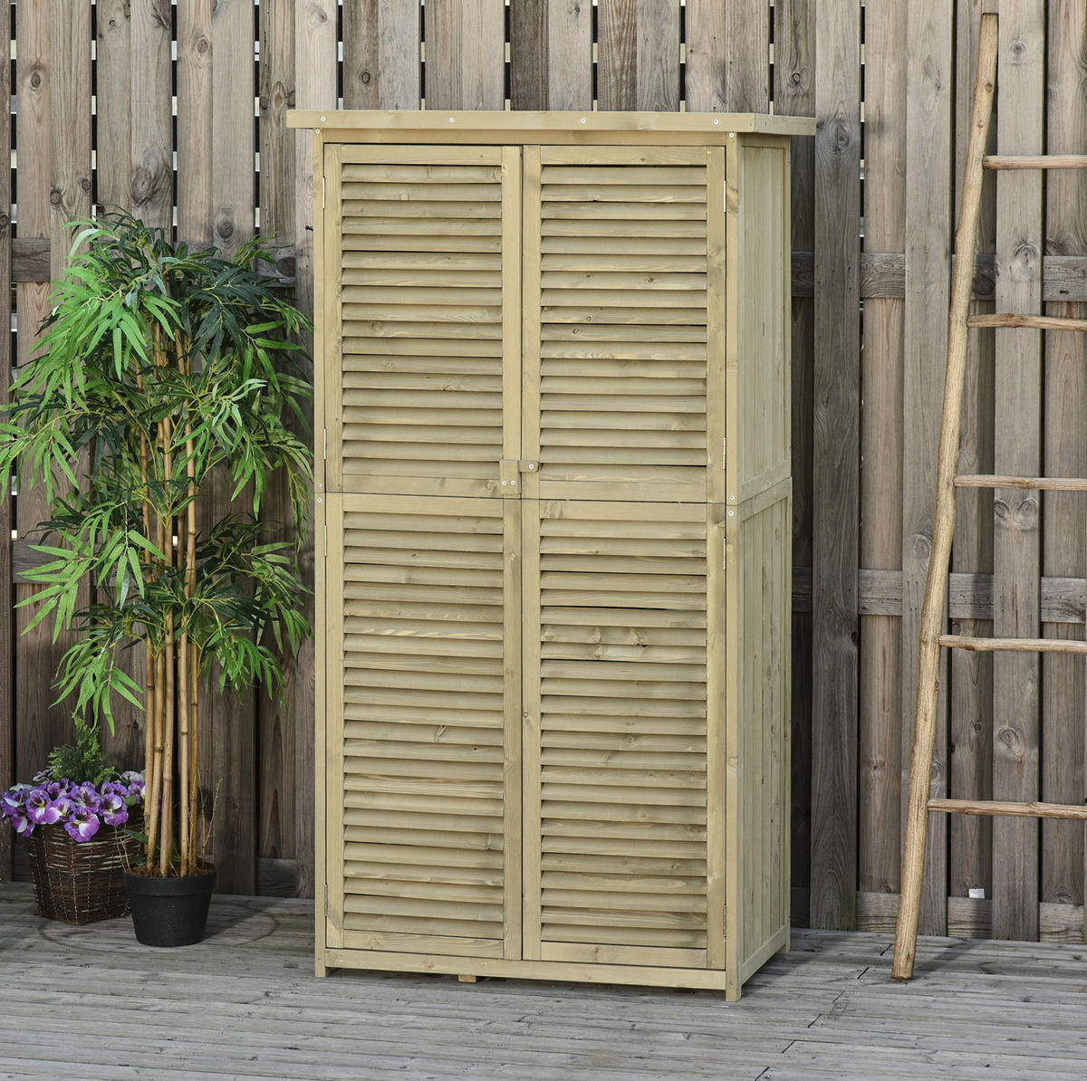 GARTENSCHRANK 87/46,5/160 cm mit 4 Fächern, Lamellentüren und Asphaltdach aus Tannenholz, Grau - Grau, Holz (46.5/160/87cm) - Redom