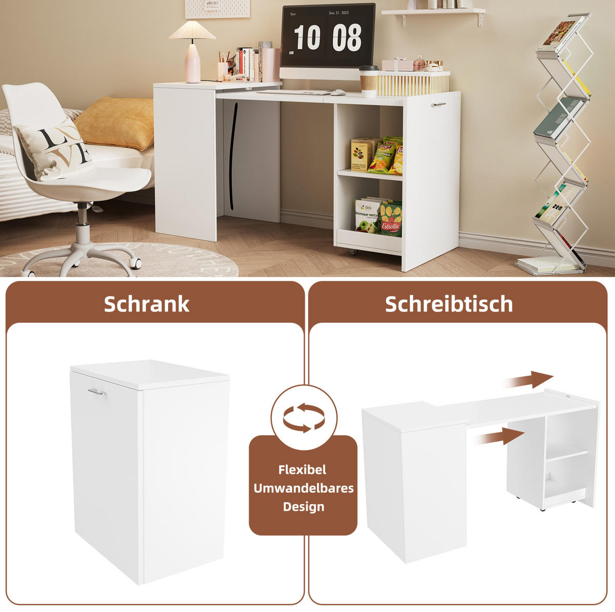 KLAPPTISCH 2-in-1 126 x 55 x 75 cm Weiß mit 4 offenen Fächern - Weiß, Holz (126/55/75cm) - Meubliv