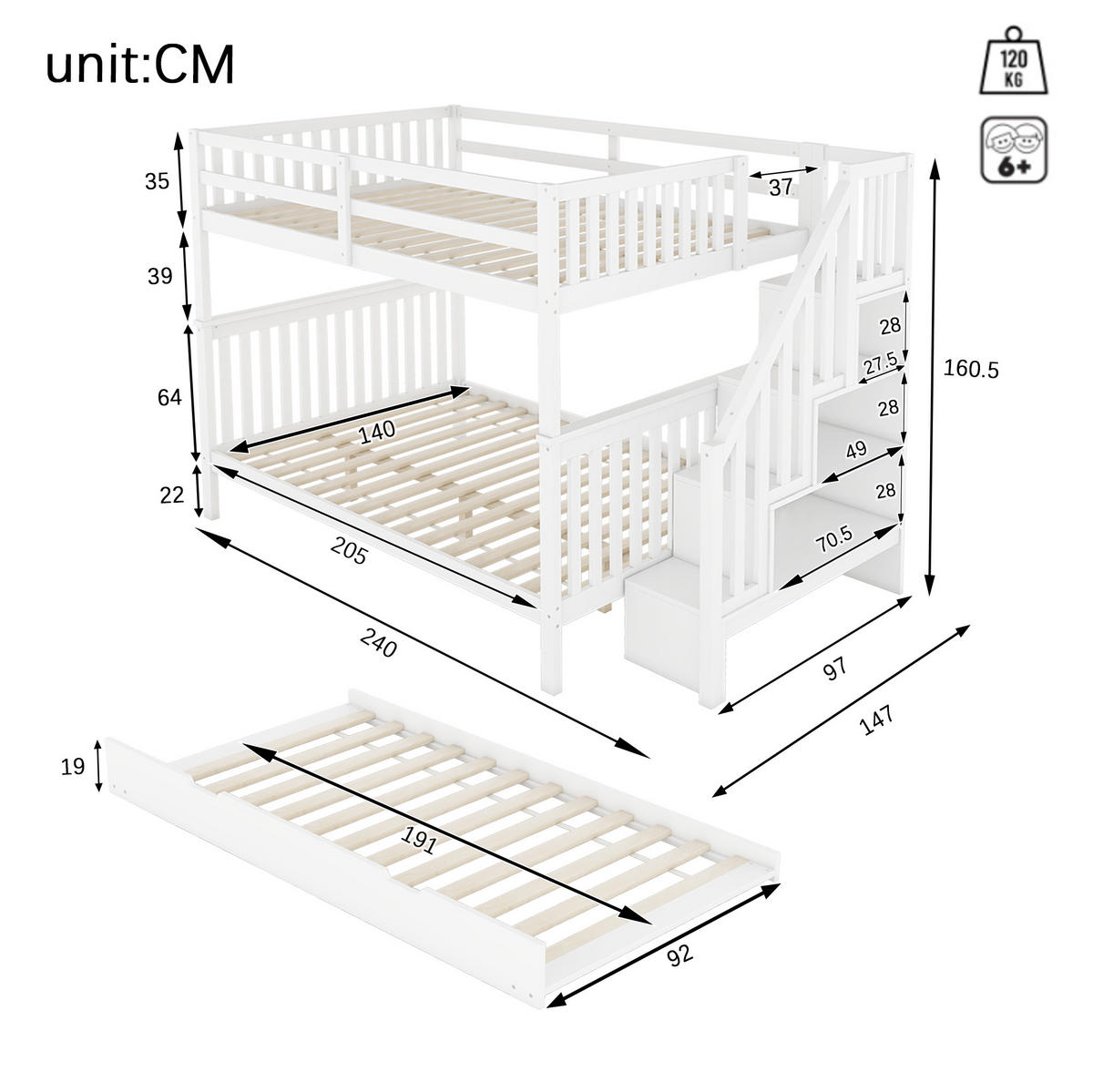 ETAGENBETT 140/200 cm aus Kiefer und MDF mit Treppenregal und ausziehbarem Rollbett Weiß - Weiß, Holz (140/200cm) - Modenvie
