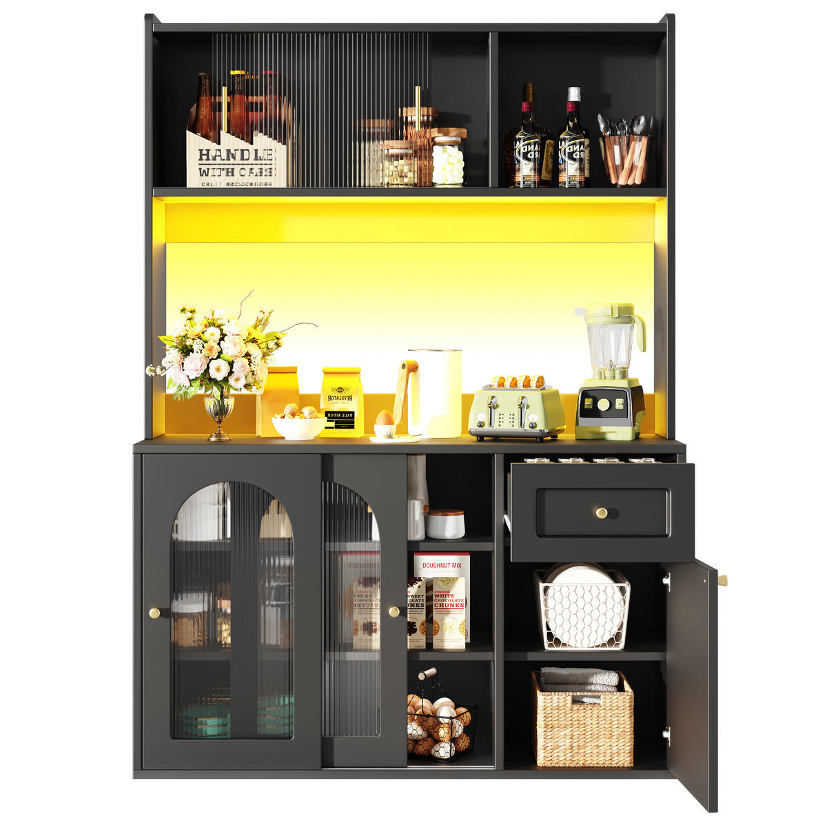 HIGHBOARD schwarz aus MDF/Spanplatte mit Glastüren und LED-App-Steuerung, 120/35/167 cm, Schwarz - Schwarz, Holzwerkstoff (35/167/120cm) - Redom