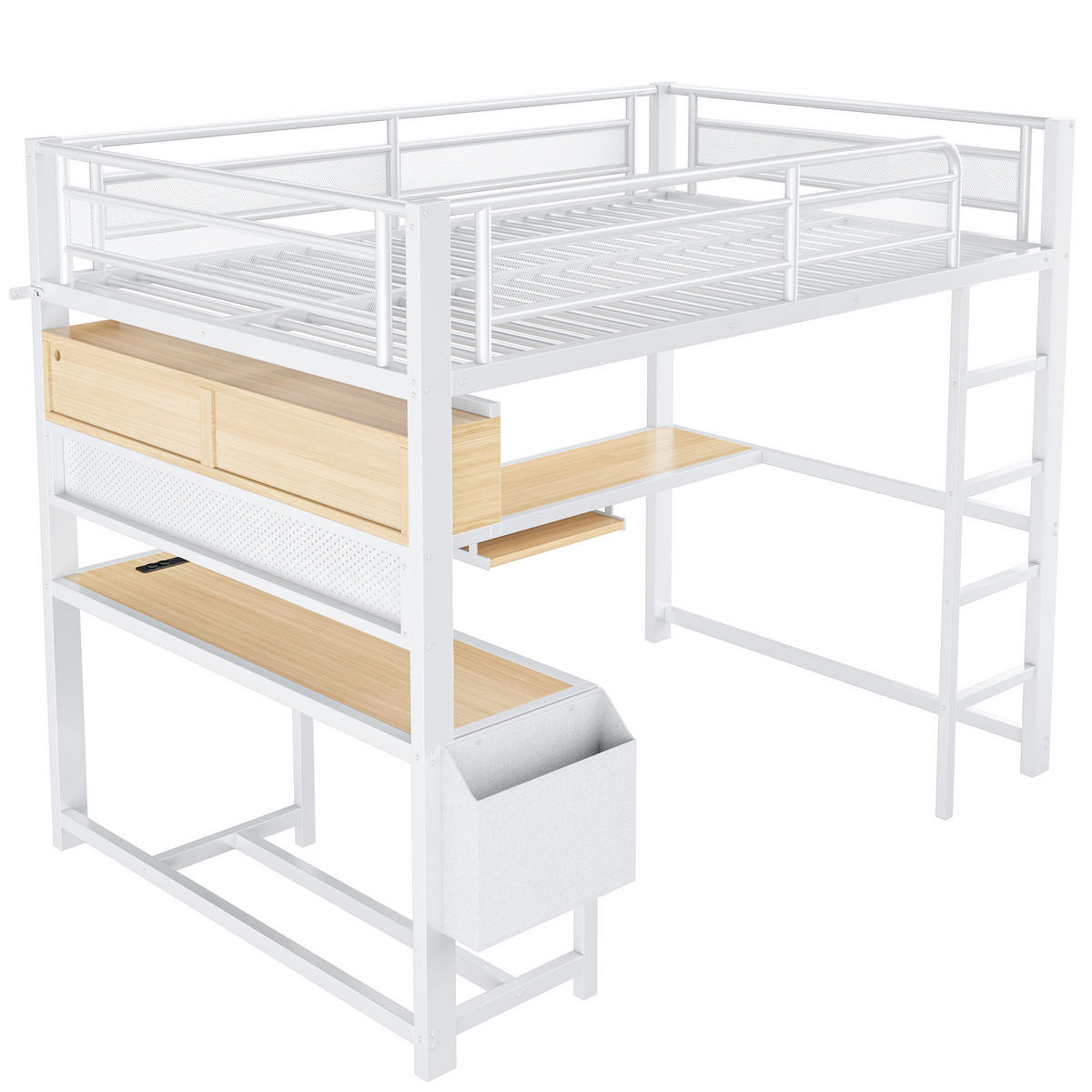 HOCHBETT 140/200 cm in Weiß mit Schreibtisch, LED und USB aus MDF und Metall - Weiß, Holzwerkstoff/Metall (140/200cm) - CHICFURN