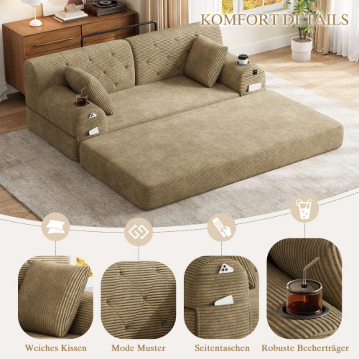 SCHLAFSOFA mit Metallrahmen hellbraun 168×80×81 cm aus Cordstoff - Hellbraun, Textil (80/81/168cm) - Luhomfu
