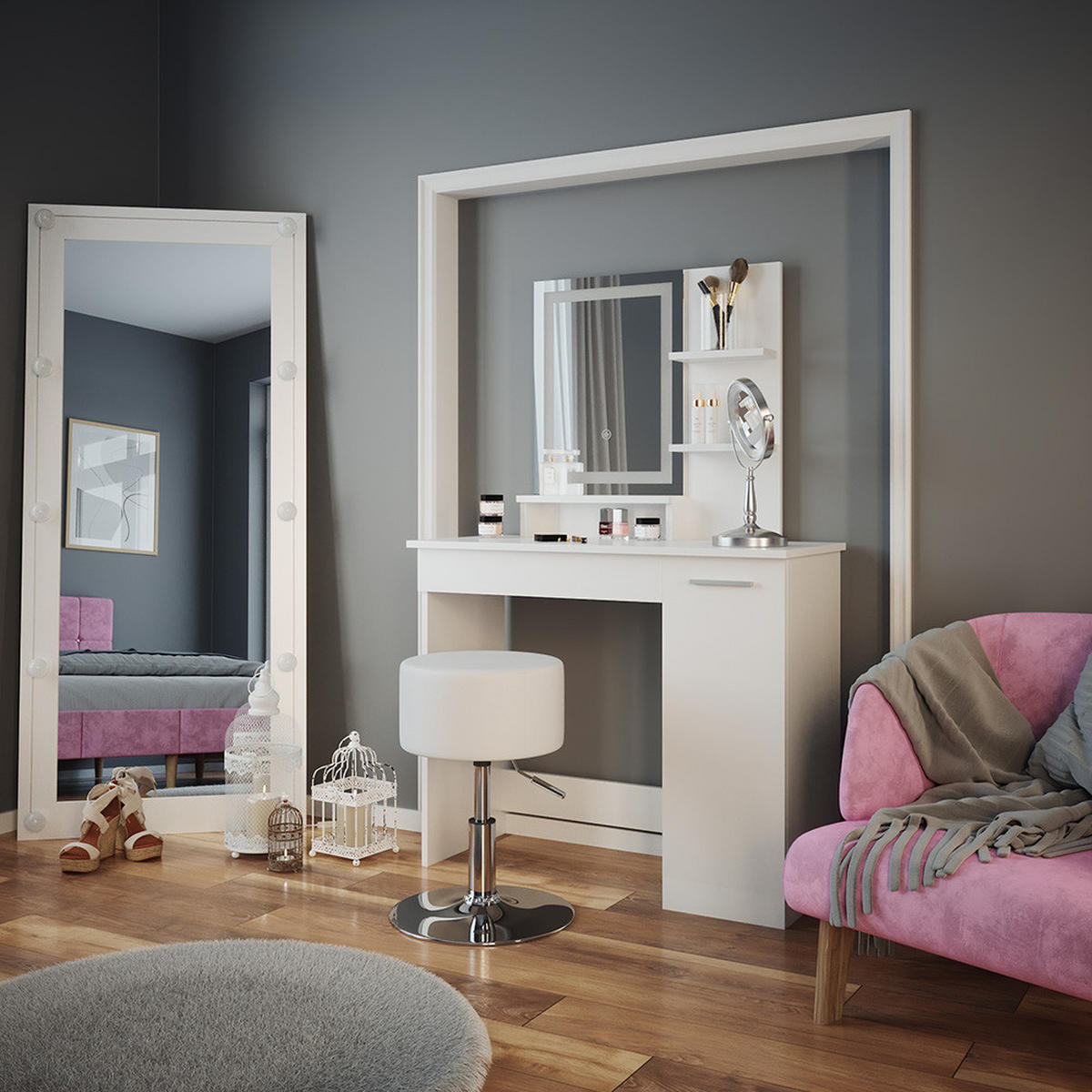 SCHMINKTISCH Julia Weiß 90 cm mit LED-Spiegel und Hocker - Weiß, Holzwerkstoff (90/137.5/38cm) - Vicco