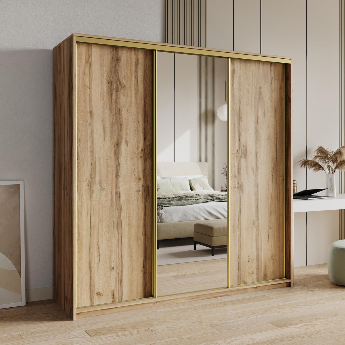 SCHWEBETÜRENSCHRANK TAVI 180/205/60 cm 3-türig mit Spiegel und Schubladen Eiche Wotan - Eiche Wotan/Goldfarben, Holzwerkstoff (180/205/60cm) - MASSENO