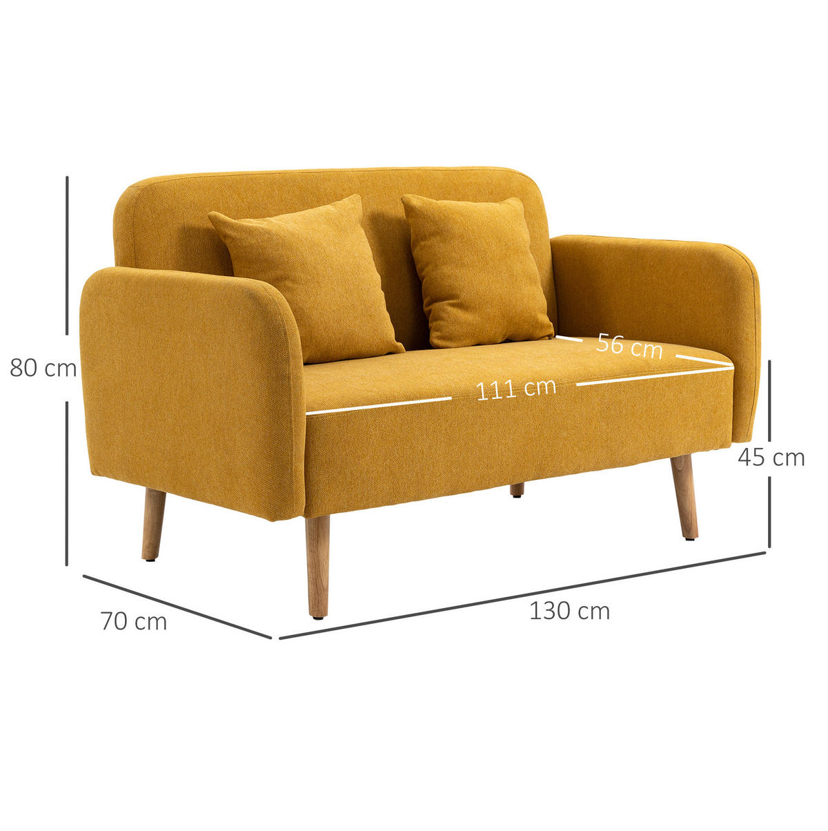 2-SITZER-SOFA aus Polyester 130x70x80 cm in Gelb mit 2 Kissen - Gelb, Textil (70/80/130cm) - Modfu
