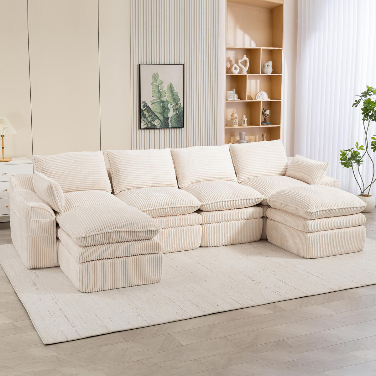 WOHNLANDSCHAFT Cord Beige mit Kissen, Hocker und Seitentaschen - Beige, Textil (335/85/167cm) - WISHDOR
