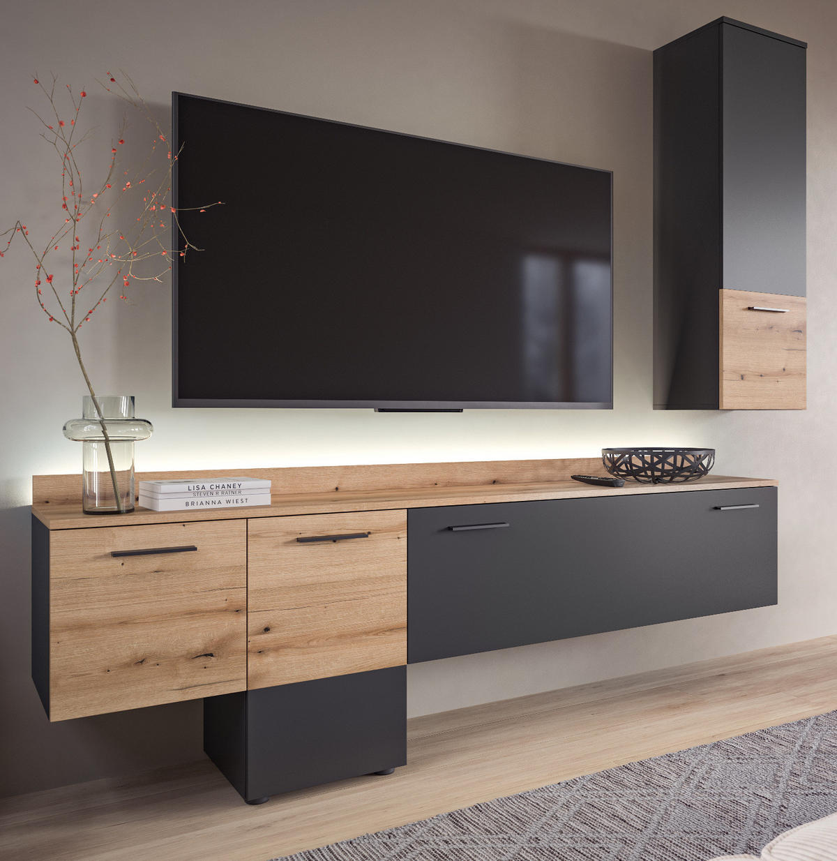 WOHNWAND grau, Evoke Eiche 195 cm, Schrankwand mit Soft-Close - Eichefarben/Schwarz, Holzwerkstoff/Kunststoff (195/196/37cm) - Inn.Furn