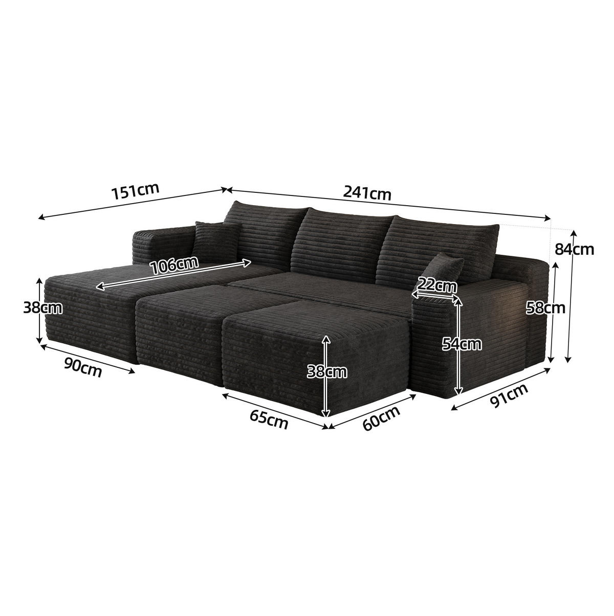 ECKSOFA 241 cm aus Stoff mit Cordbezug und ohne Montage Schwarz - Schwarz, Textil (151/241cm) - Modenvie