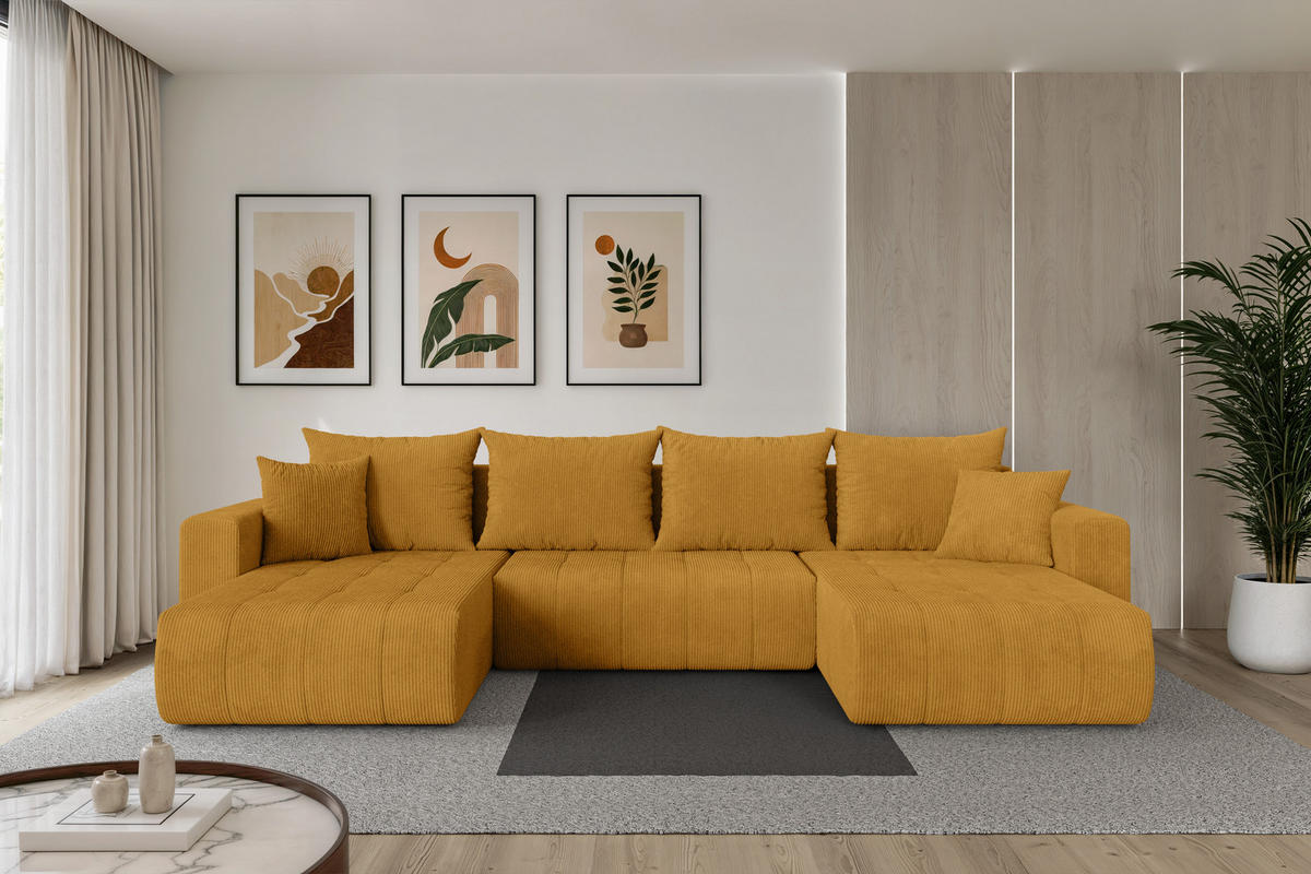 SEDACÍ SOUPRAVA DO U s funkcí spaní a úložným prostorem MILA-U 378x194x86 hořčicově žlutá manšestr - černá/tmavě žlutá, kompozitní dřevo/textil (378/86/194cm) - ALTDECOR