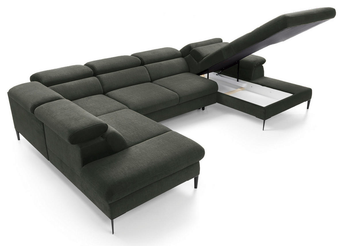 ECKSOFA U-Form 350 cm Amaro M mit Schlaffunktion, Rechts, Grün - Grün, Holz (353/214cm) - Emporius