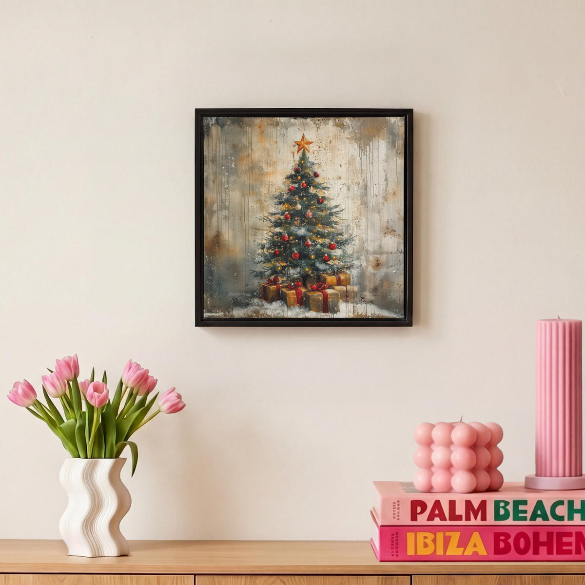 LEINWAND Bilder mit Rahmen - Weihnachtsbaum - Vintage - Weihnachten - Geschenk - 20x20 - Rostfarben, Textil (20/20cm) - MuchoWow