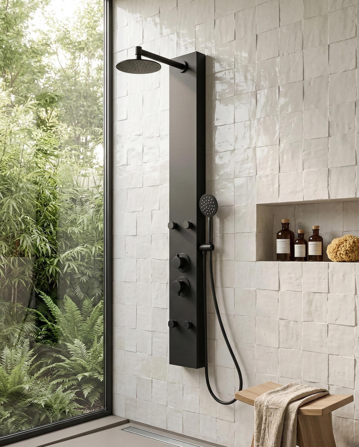 DUSCHPANEEL Caldera mit Mischbatterie Schwarz Aluminium - 140 x 20 cm - Schwarz, Metall (20/120/7cm) - Badplaats