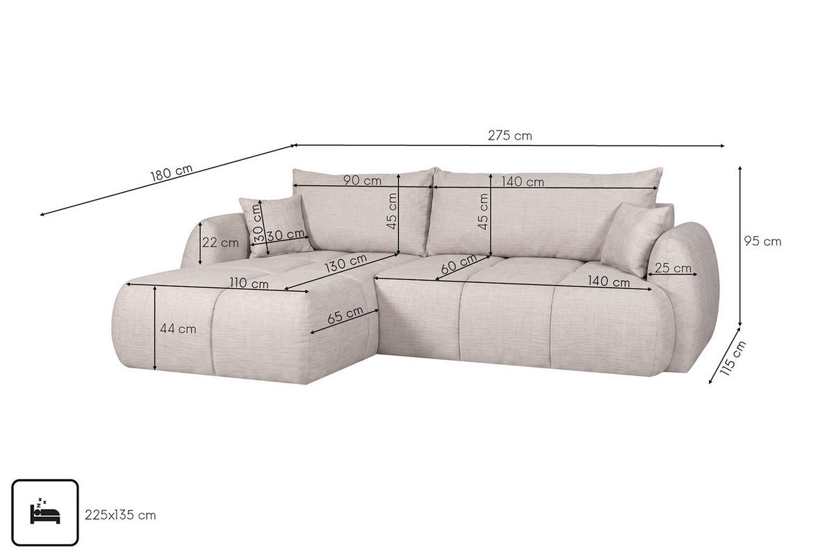 ROHOVÁ SEDAČKA s rozkládací funkcí a úložným prostorem, strukturovaná látka Verita, Béžová, Levá, COCO - béžová, dřevo (180/275cm) - Kaiser Möbel
