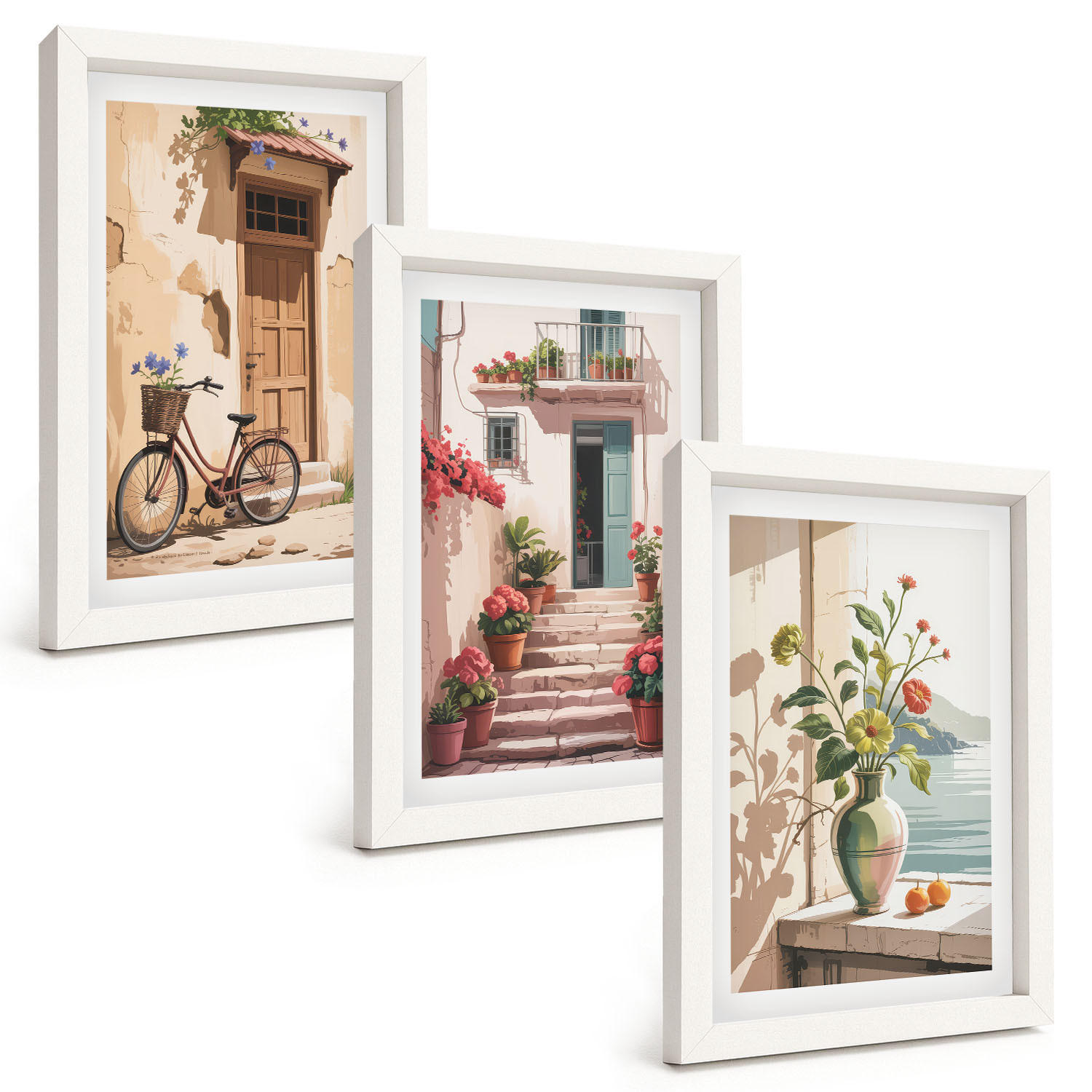 BILDER SET 3er Set - 20x30 cm Weißer Rahmen - Straßen, Blumen und Fahrräder - Weiß, Kunststoff (20/30cm) - TULUP