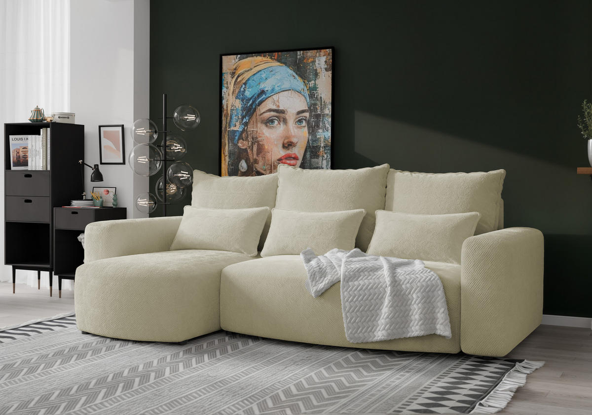 ECKSOFA Travis mit Bettkasten und Schlaffunktion, L-Form, Cord, Universal - Ecru, Holzwerkstoff (248/148cm) - 4ALL HOME