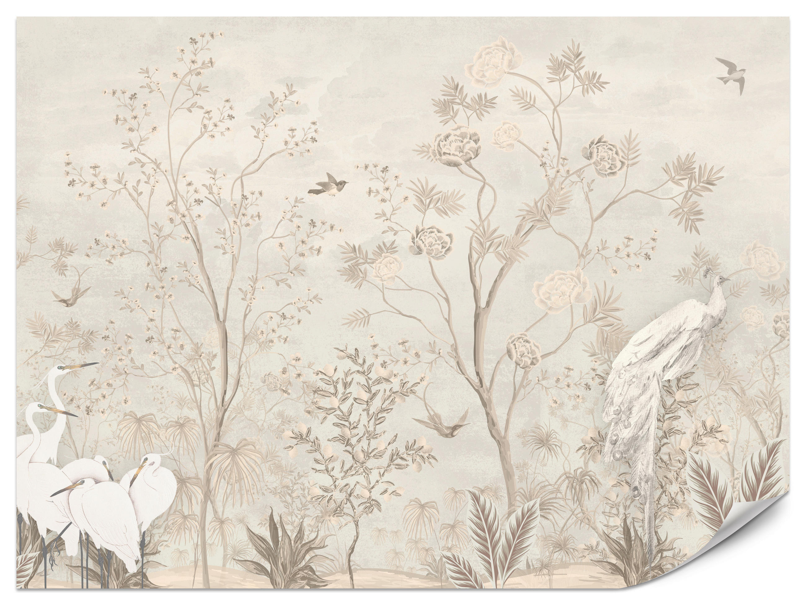 FOTOTAPETE für Esszimmer Weiße Vögel Bäumen Natur Kräne Blumen 500x350 - Beige, Papier (500/350cm) - Muralo