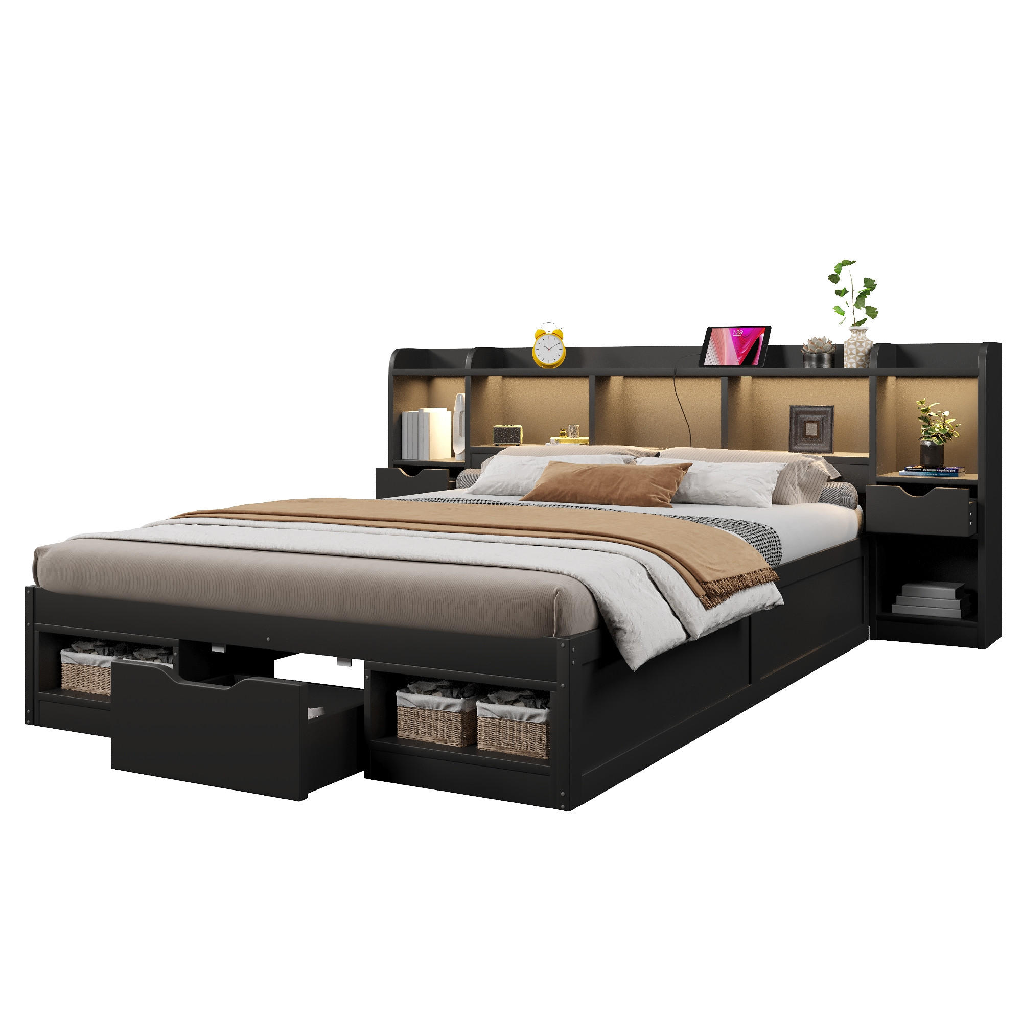 STAURAUMBETT 140 x 200 cm, Kopf- und Fußteil mit Stauraum, Schwarz - Schwarz, Holz (140/200cm) - KOMHTOM