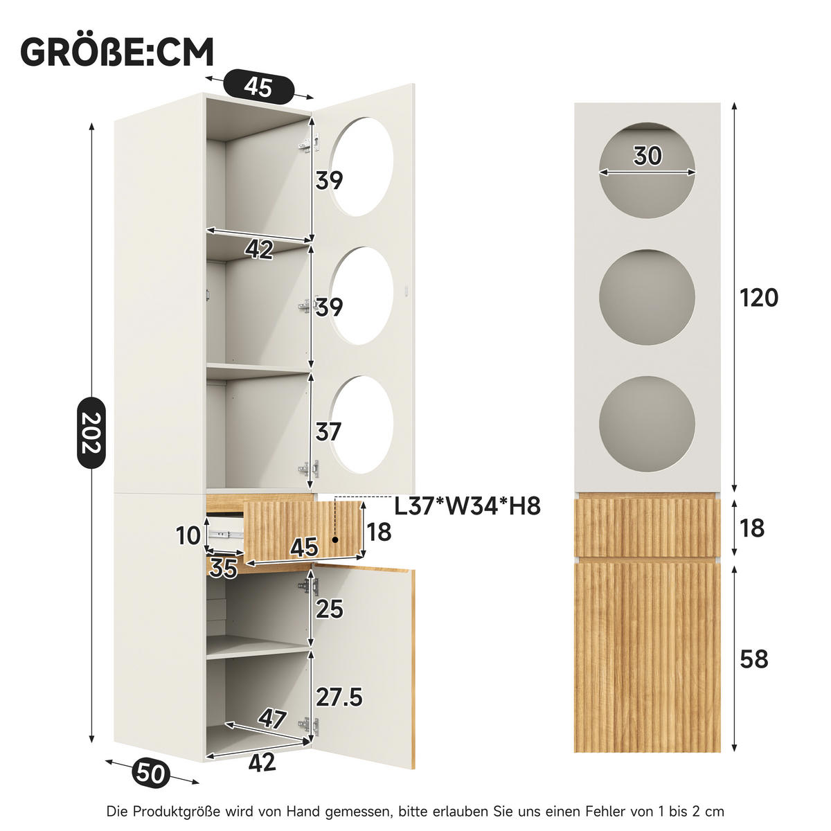 HOCHSCHRANK Eichenoptik, 2 Türen & Schublade, 45 x 50 x 200 cm - Naturfarben, Holzwerkstoff (45/200/50cm) - Urban Meuble