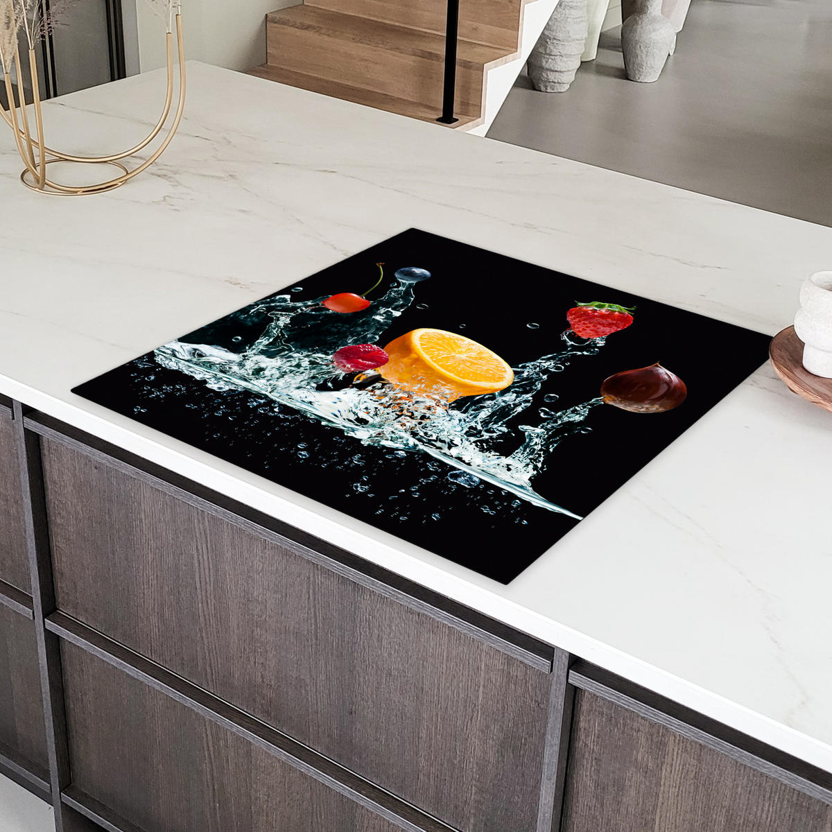 HERDABDECKPLATTE Wasser - Obst - Orange - Erdbeere - Kirsche - Schwarz 78x78 cm - Orange, Kunststoff (78/78/0.2cm) - MuchoWow