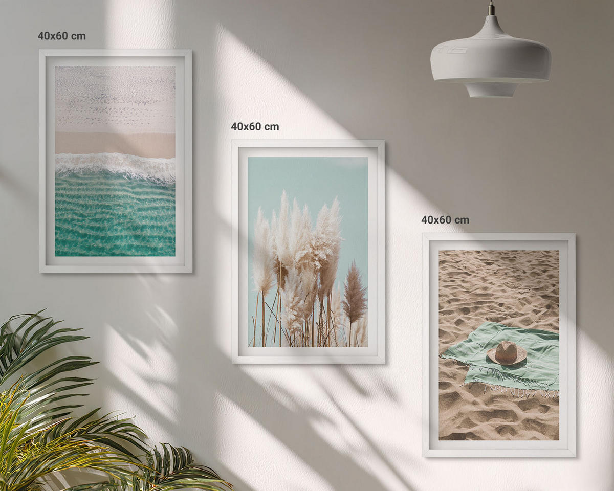WANDBILDER 3er-Set - 40x60 cm Weißer Rahmen - Strandwellen Grashut - Weiß, Kunststoff (40/60cm) - ArtPrintCave