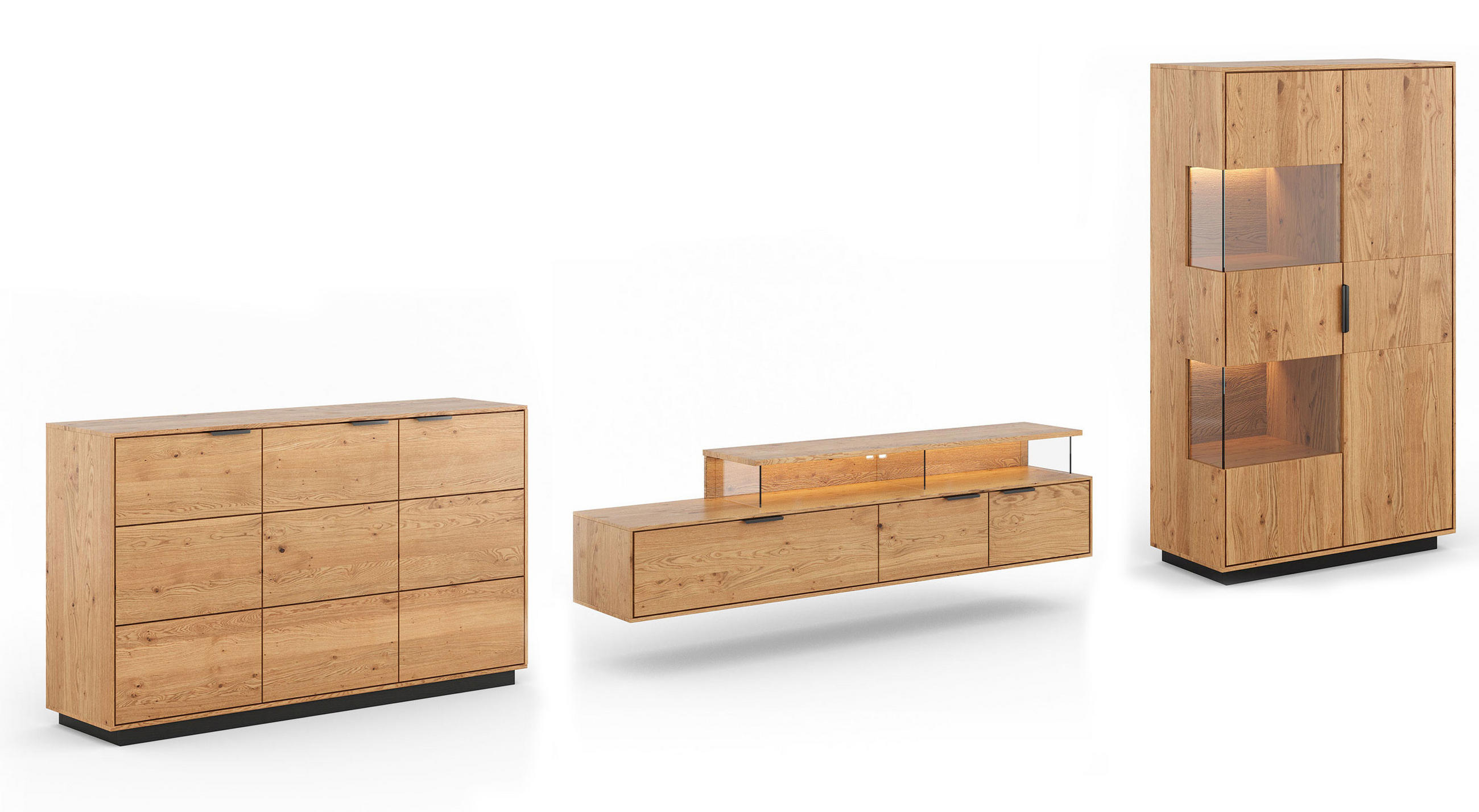 WOHNWAND Tirano 3er-Set Eiche Natur - Eichefarben/Schwarz, Holz/Metall (437/147/39cm) - Feldmann-Wohnen