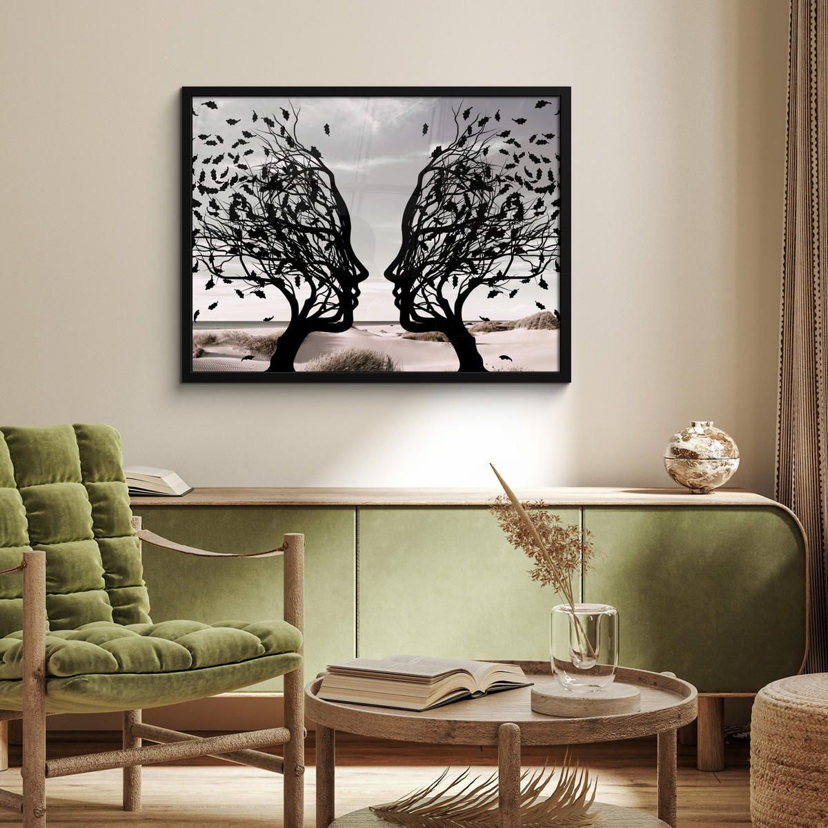 ZARÁMOVANÝ PLAGÁT Pláž - more - ľudia - strom - moderné umenie 80x60 cm - svetlosivá, papier (80/60cm) - MuchoWow