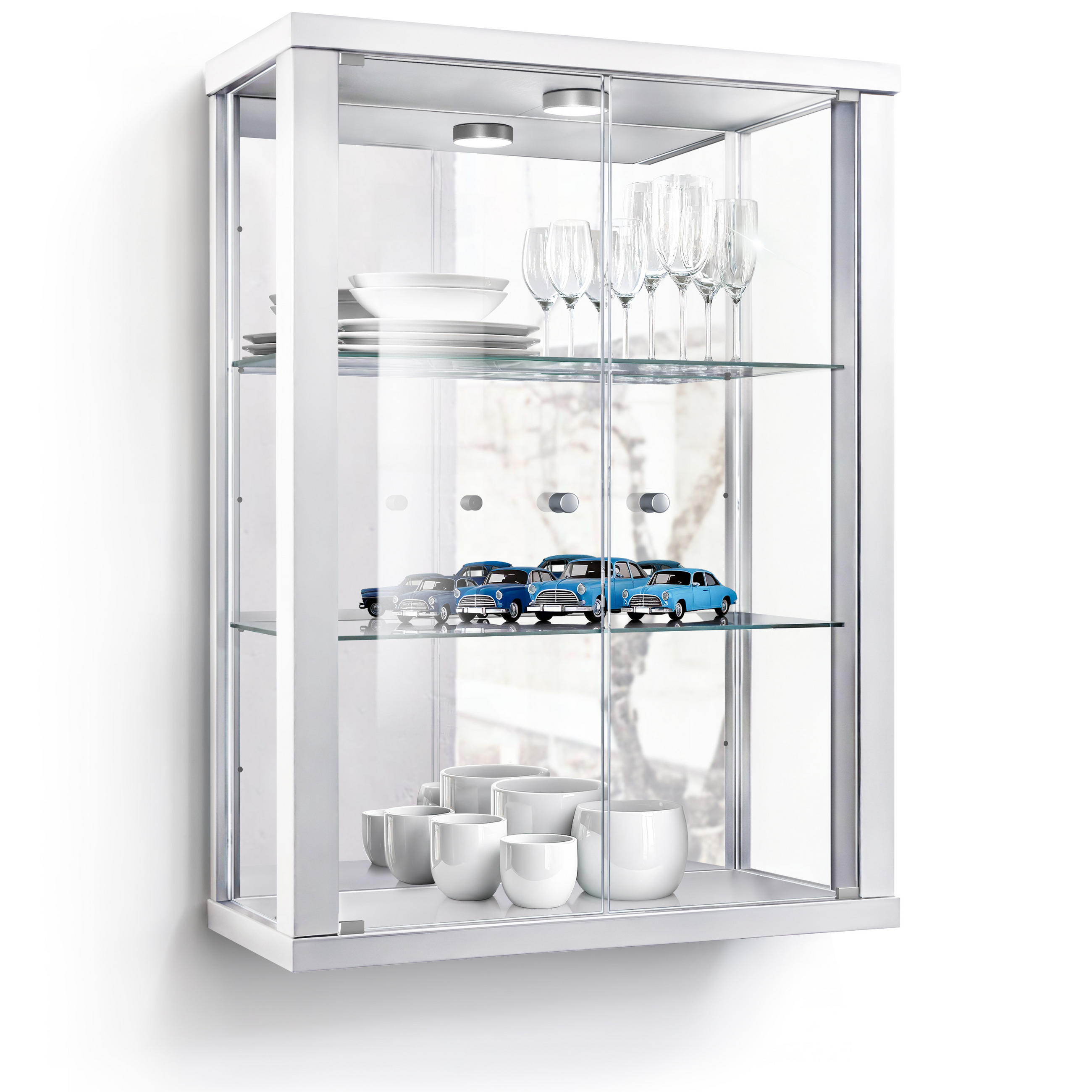 HÄNGEVITRINE 25/60/80 cm mit Spiegel, LED & 2 höhenverstellbaren Glasböden - Transparent/Silberfarben, Glas/Holzwerkstoff (60/80/25cm) - K-Möbel