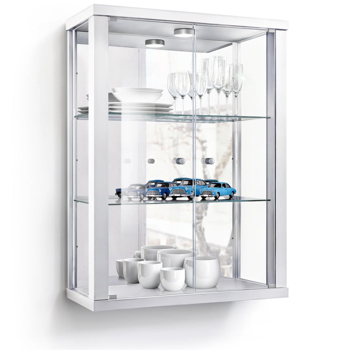 HÄNGEVITRINE 25/60/80 cm mit Spiegel, LED & 2 höhenverstellbaren Glasböden - Transparent/Silberfarben, Glas/Holzwerkstoff (60/80/25cm) - K-Möbel