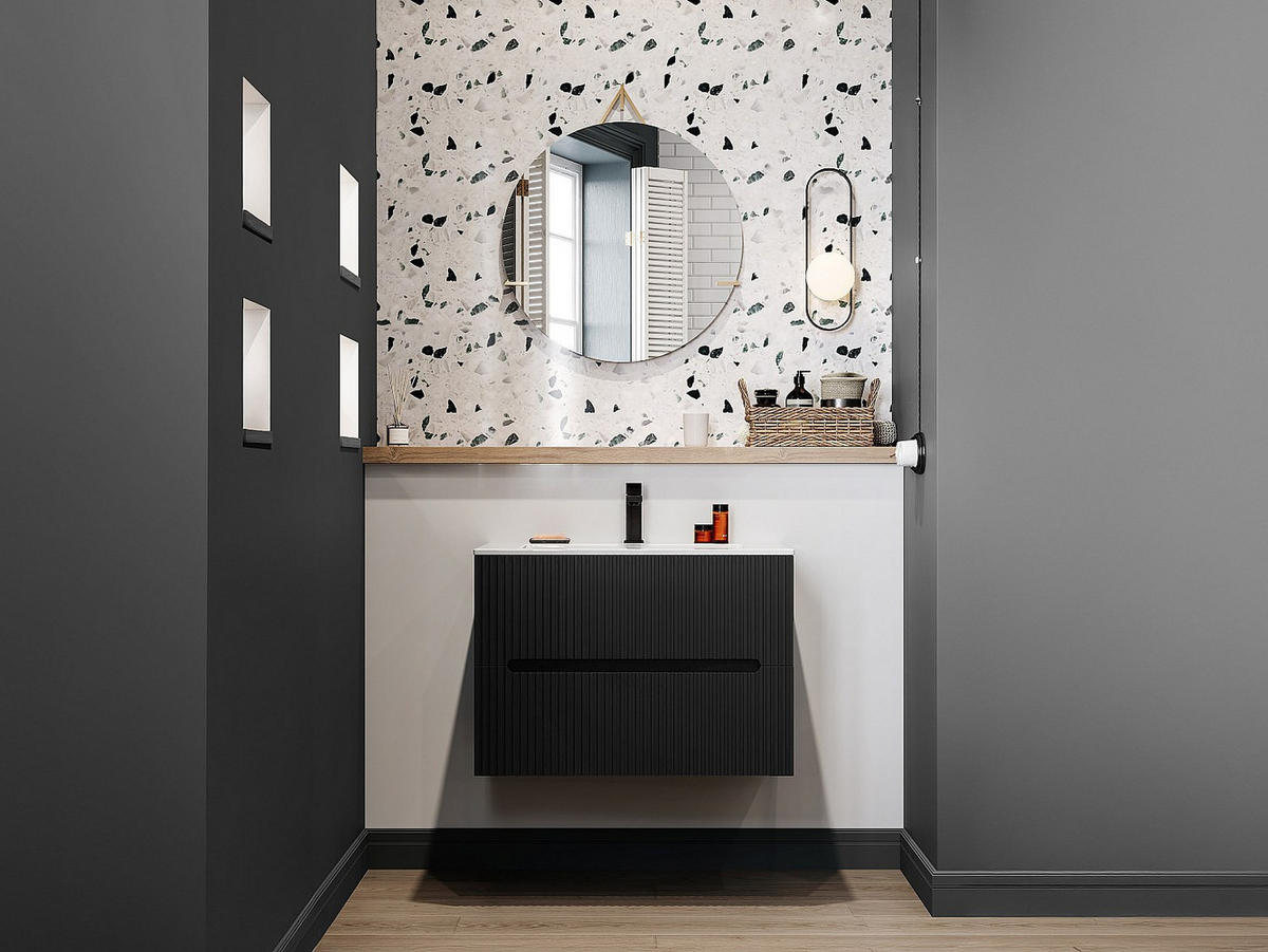 WASCHBECKENUNTERSCHRANK hängend - 80 cm - Schwarz gerippt - PAVANI - Schwarz, Holz (80/55/45.5cm) - Vente-Unique