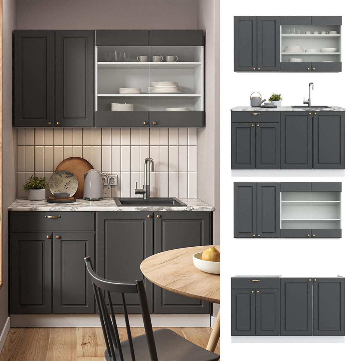 SINGLEKÜCHE Fame-Line Anthrazit-Gold/Weiß 140 cm ohne AP - Anthrazit/Graphitfarben, Holzwerkstoff (140/81.6/46cm) - Vicco