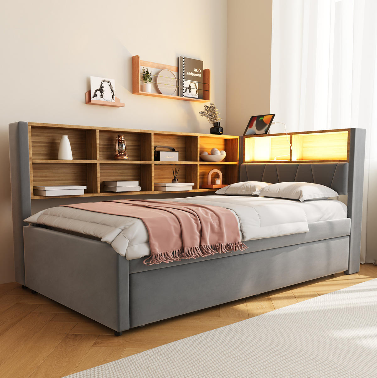 AUSZIEHBETT 90/200 cm und LED-Beleuchtung Dunkelgrau Flanell - Dunkelgrau, Textil (90/200cm) - OKWISH