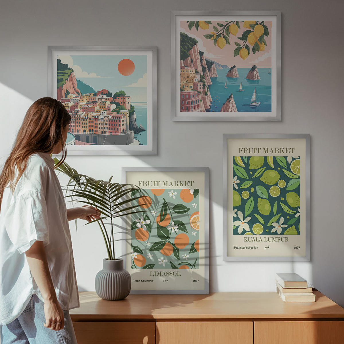 BILDER SET 4er Set - 50x50 cm & 40x60 cm Silberner Rahmen - Vintage-Poster mit Fruchtmustern - Silberfarben, Kunststoff (50/50cm) - TULUP