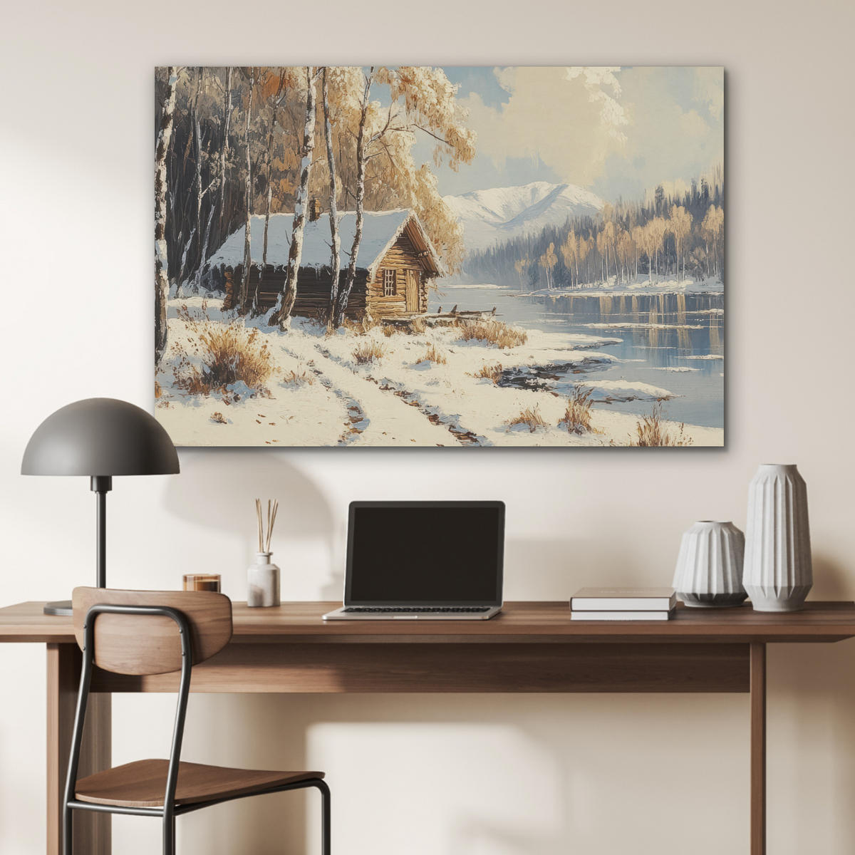 AKUSTIKBILD Winter - Schnee - Zuhause - Natur Akustikpaneele 90x60 cm - Hellbraun, Kunststoff (90/60/0.9cm) - MuchoWow