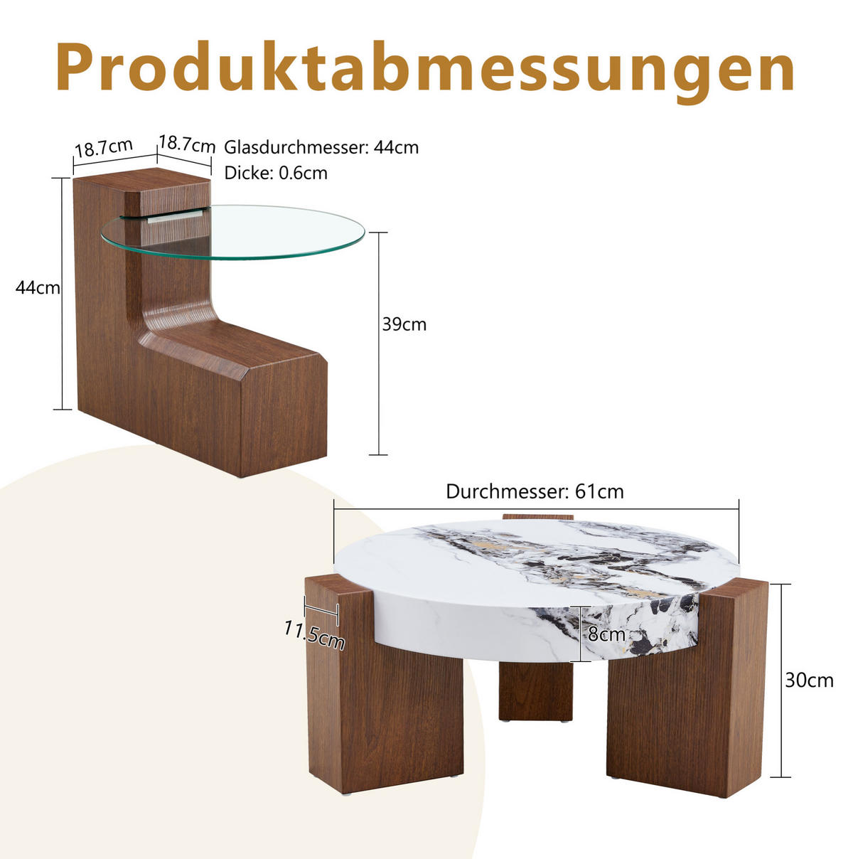 KONFERENČNÍ stolek 61/61/30 cm ořechová a bílá z MDF a skla 2v1 se dvěma stolky - ořechová, kompozitní dřevo (61/61/30cm) - OKWISH