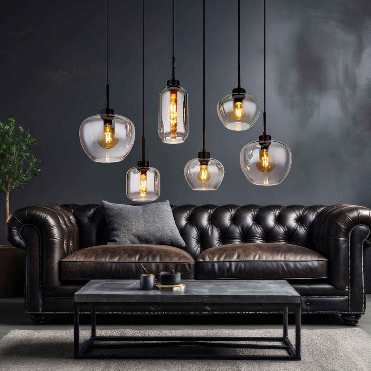 PENDELLEUCHTE Metall Glas Rauchfarbe Schwarz-matt 6-flammig - Grau, Glas (87/43/120cm) - Globo Lighting