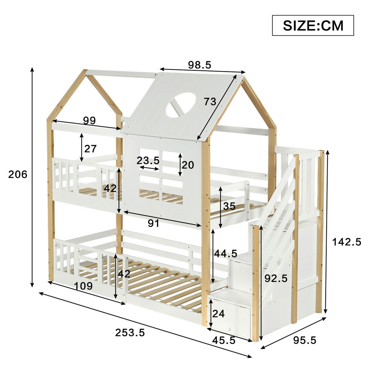 ETAGENBETT 90/200 cm mit Aufbewahrungstreppe, Fallschutzgitter und Hausdach, Kiefer/MDF, Weiß/Natur - Weiß, Holz (90/200cm) - Redom