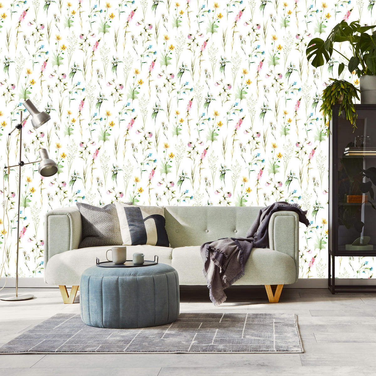 VLIESTAPETE Wildblumen im Boho-Stil – Grün, Bunt, Weiß – 50x1000 cm - Multicolor/Weiß, Papier (50/1000cm) - Muralo