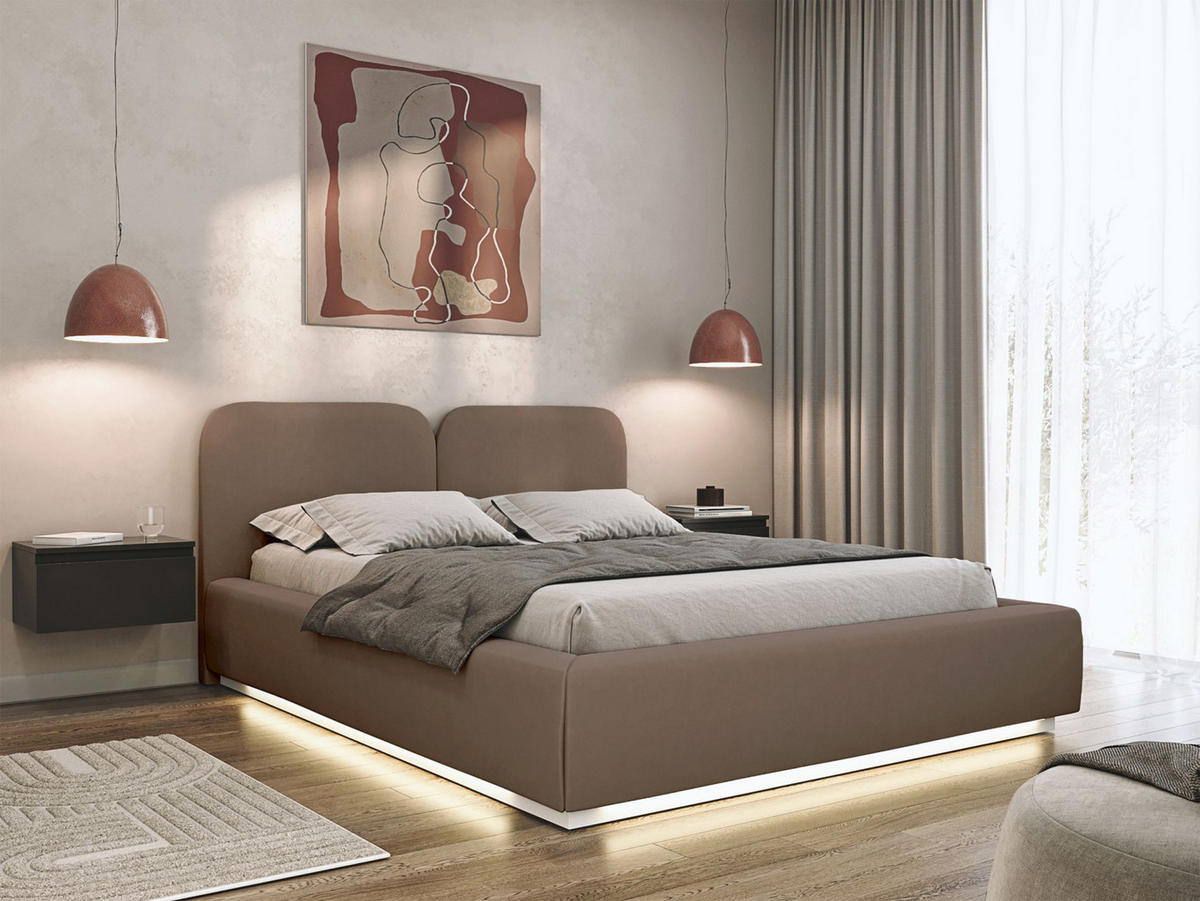 POLSTERBETT Comoves 160x200 Braun mit Veloursbezug, LED und Bettkasten - Braun, Textil (160/200cm) - Selsey