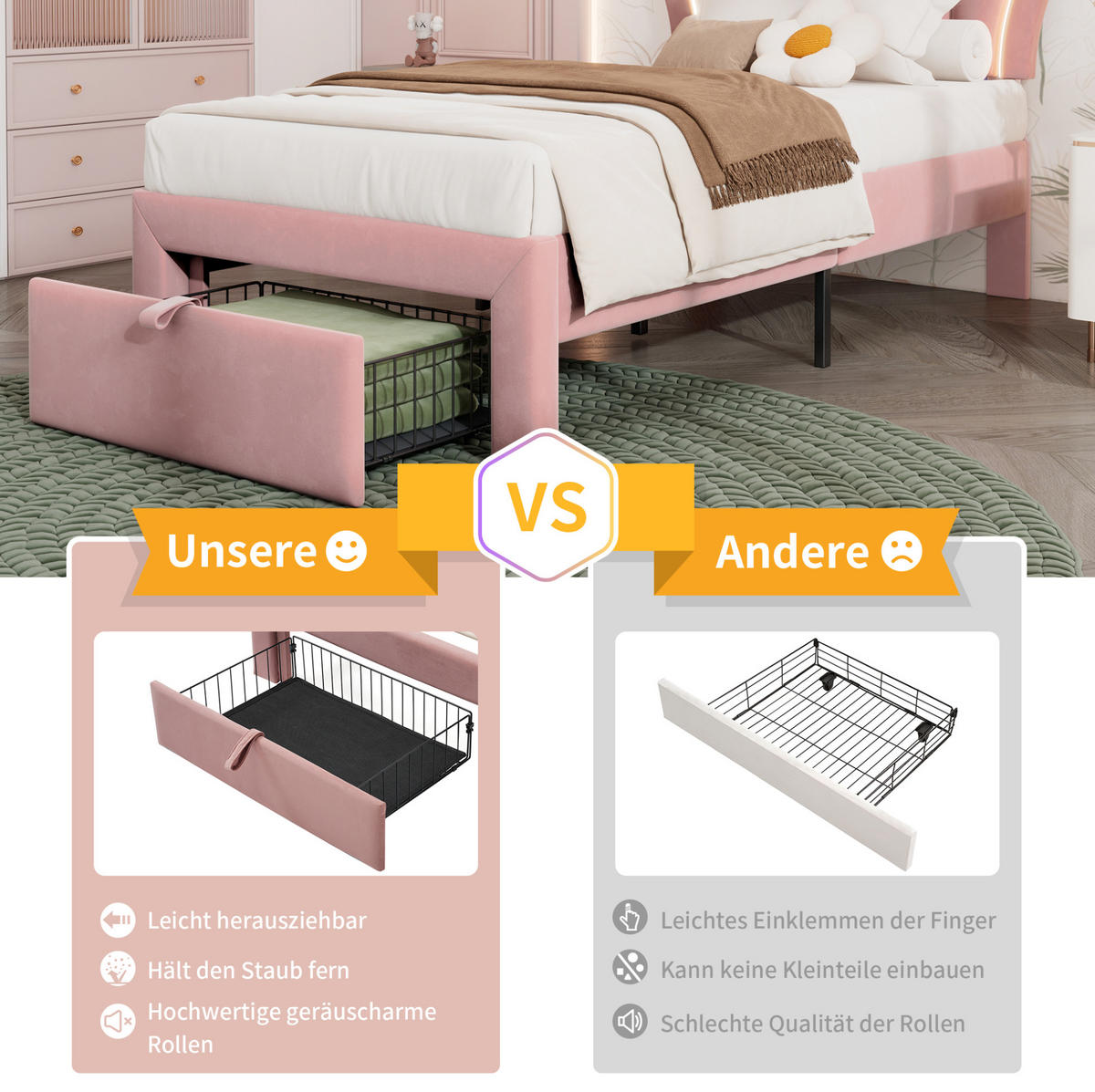 POLSTERBETT 90/200 cm rosa aus Samt mit LED-Beleuchtung und Schublade - Rosa, Textil (90/200cm) - OKMYHOME